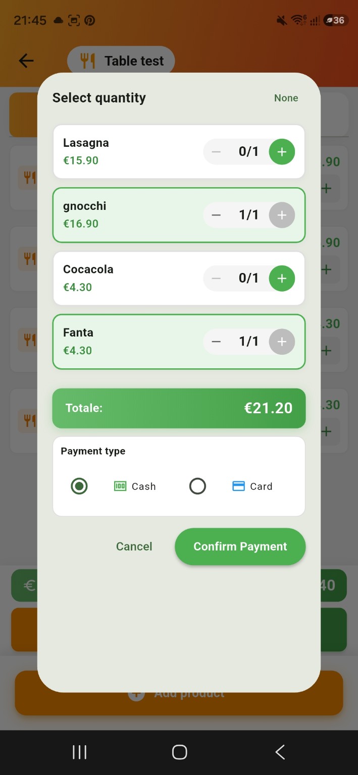 Original TableRica Select quantity screen for a partial Cash or Card payment