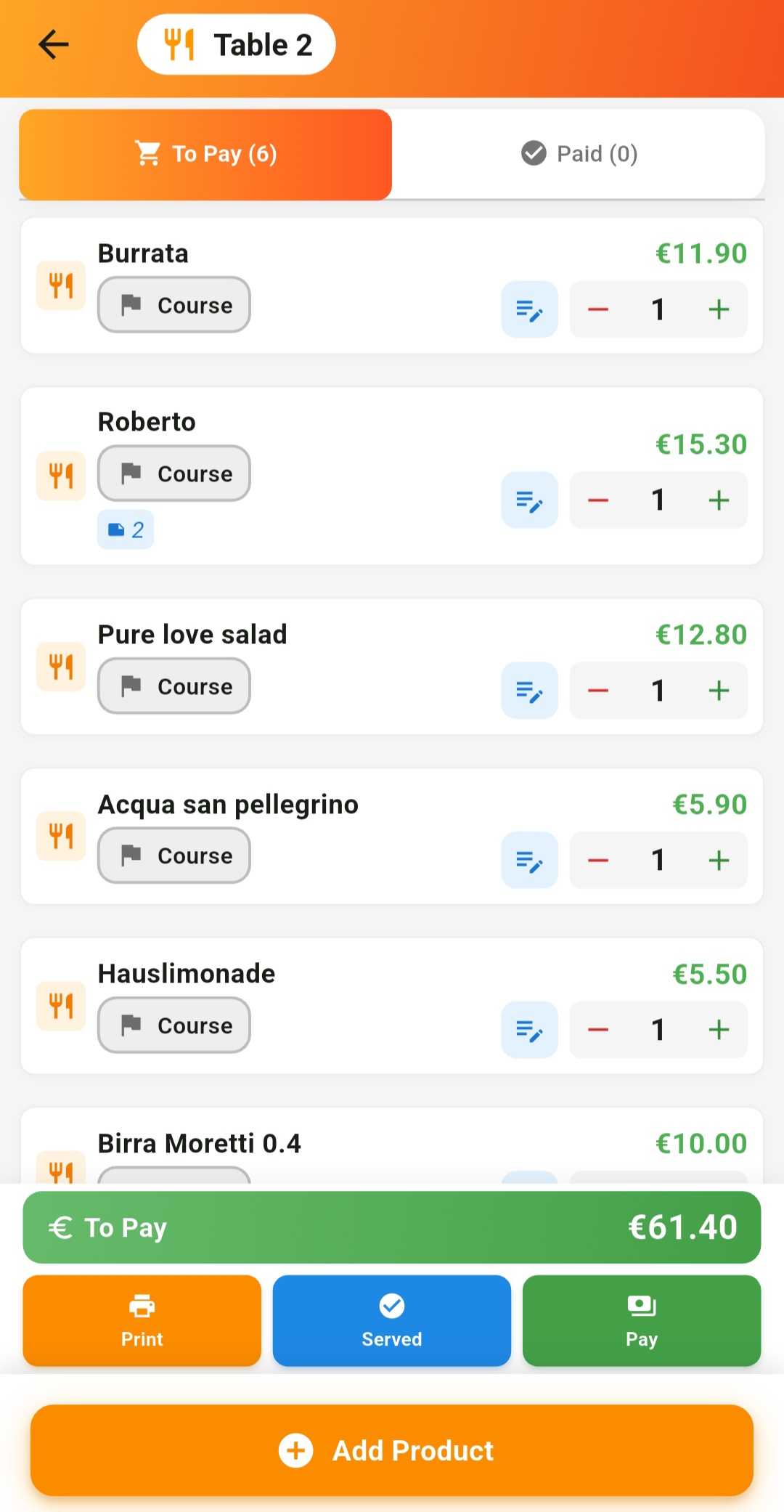Original TableRica table order detail with the blue Served action visible