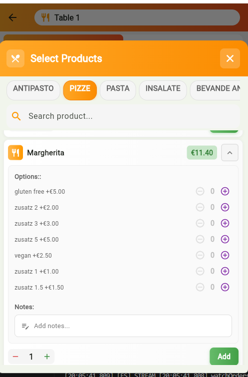 Original TableRica Select Products screen showing categories, product options and quantity controls